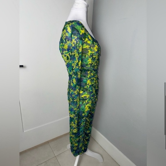 Ganni Ruched Printed Long Sleeve Stretch-Mesh Midi Dress - Picture 7 of 12